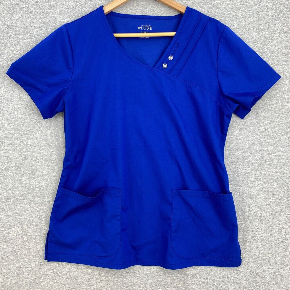 Cherokee Lux Scrub Top Womens Small Blue Nursing Vet Medical Uniform Fitted